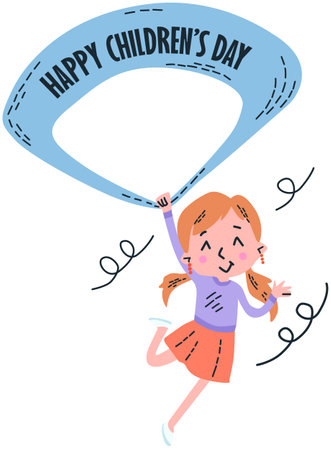 This is a illustration of Cute Little Girl Jumping with Balloonのイラスト素材