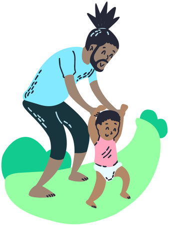 This is an illustration of a father helping his little daughter to walk.のイラスト素材