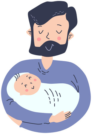 This is an illustration of a father holding his newborn baby. This is an illustration of a Father's day card.のイラスト素材