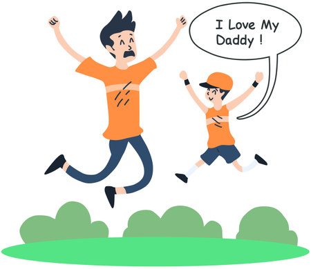 I love my dad. Happy father's day. Dad and son jumping in the park. Vector illustrationのイラスト素材