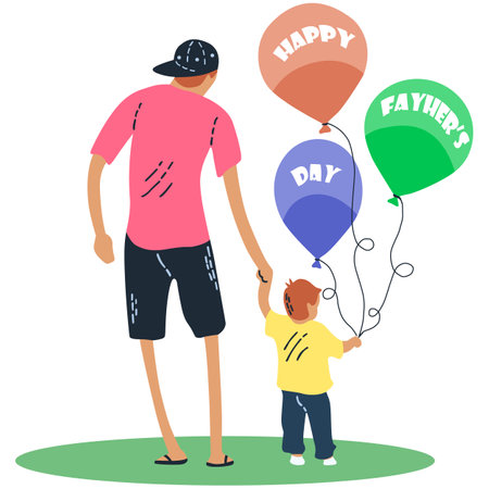 Happy Father's Day. Dad and son with balloons. Vector illustrationのイラスト素材