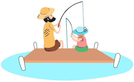 Illustration of a father and his son fishing on a boat.のイラスト素材