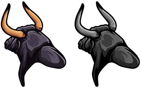 Bull head with horns on a white background. Vector illustration in a cartoon styleのイラスト素材