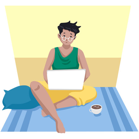 Vector illustration of a young woman sitting on the floor with a laptop.のイラスト素材