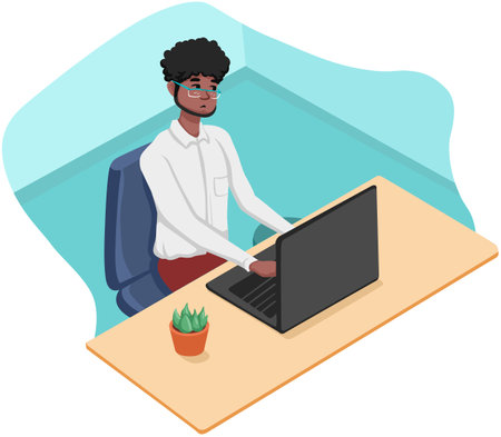 Isometric vector illustration of a young african american man working on a laptop at his desk.のイラスト素材