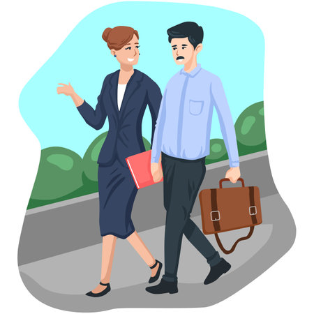 Businessman and businesswoman walking in the city. Vector illustration.のイラスト素材