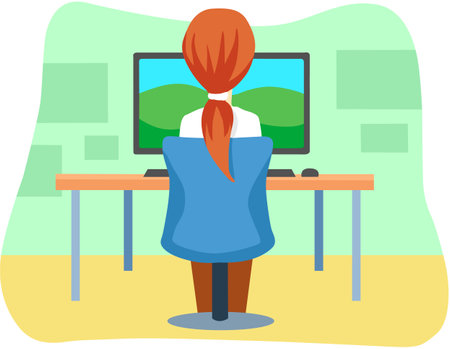Back view of businesswoman looking at computer screen. Vector flat illustrationのイラスト素材