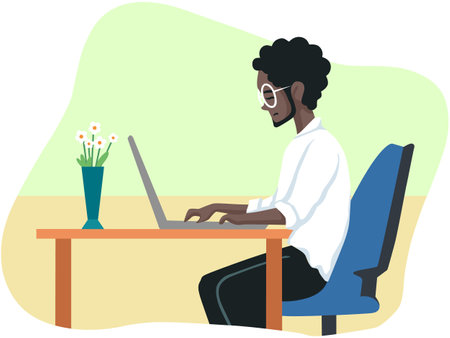 Illustration of an African-American Man Working on His Laptopのイラスト素材