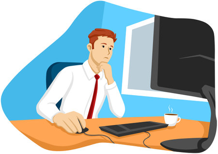 Illustration of a Man Sitting at His Desk Working on His Computerのイラスト素材