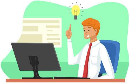 Illustration of a Businessman Sitting at His Desk and Pointing to a Light Bulbのイラスト素材