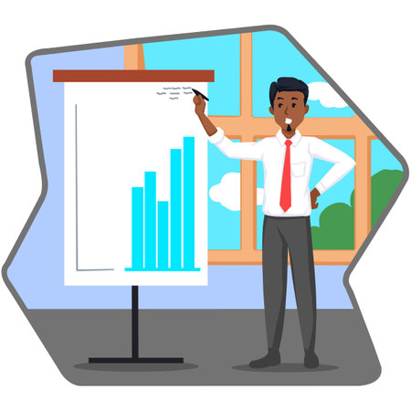 African-american businessman with presentation board. Vector illustration in flat styleのイラスト素材