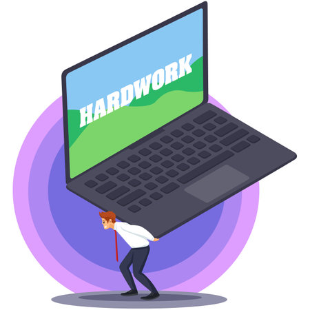 Isometric flat vector illustration of a man carrying a laptop on his back.のイラスト素材