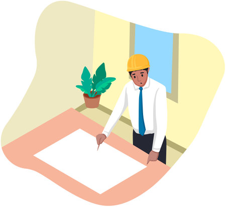 Illustration of a male architect working on a blueprint with a plantのイラスト素材