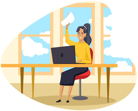 Vector illustration of a woman working on a laptop in the office.のイラスト素材