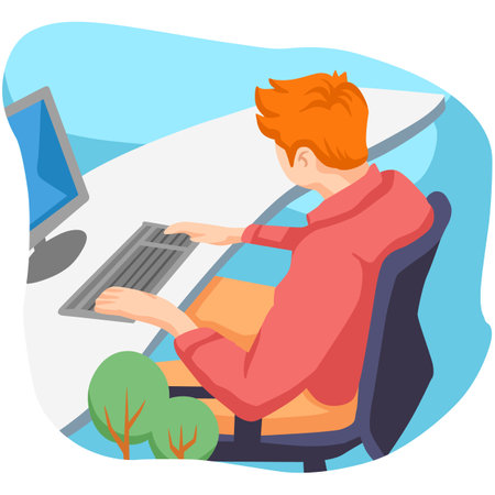 Illustration of a Young Man Working on His Computer in the Officeのイラスト素材