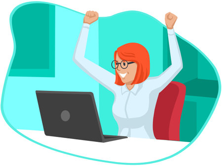 Successful business woman working on laptop in office. Successful businesswoman with arms up celebrating victory.のイラスト素材
