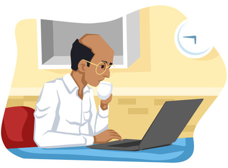 Illustration of a Man Using a Laptop and Drinking an Ice Creamのイラスト素材