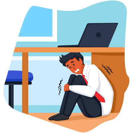 Stressed businessman sitting on the floor at his workplace vector illustration.のイラスト素材