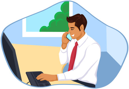 Illustration of a Young Businessman Working on His Computer While Talking on the Phoneのイラスト素材