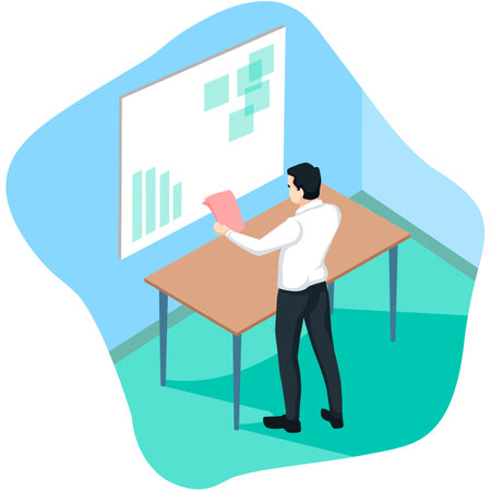 Isometric flat design vector illustration of a man reading a book in the classroomのイラスト素材