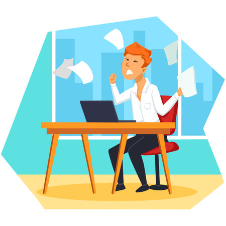 Businessman working at the office. Vector illustration in cartoon style.のイラスト素材