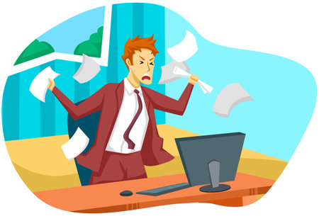 Frustrated Businessman Shouting in Office. Flat Vector Illustrationのイラスト素材