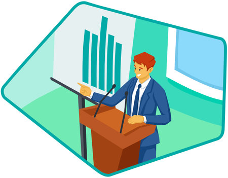 Vector illustration of a businessman giving a speech in front of a flipchartのイラスト素材