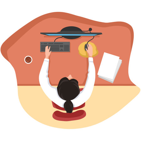 Illustration of a woman working on a computer with a flying saucerのイラスト素材