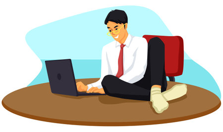 Businessman sitting on the floor and working on laptop. Vector illustrationのイラスト素材