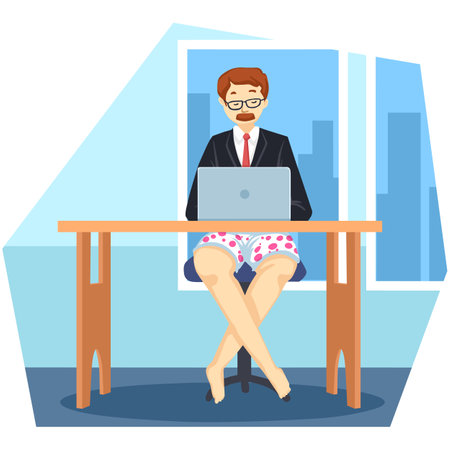 Businessman sitting at the table and working on laptop. Vector illustration.のイラスト素材
