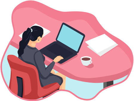 Illustration of a Woman Working on a Laptop in the Officeのイラスト素材