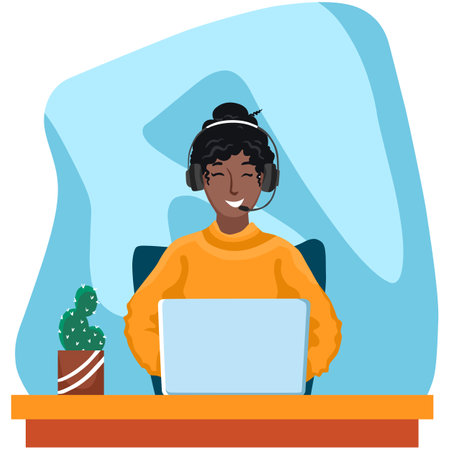African american woman working at home with a laptop. Vector illustration.のイラスト素材