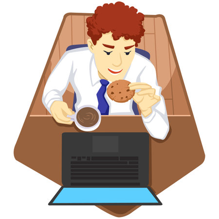 Businessman eating a chocolate chip cookie at his desk. Vector illustration.のイラスト素材