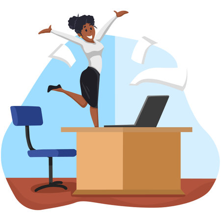 Vector illustration of a business woman jumping from the office desk to the workplaceのイラスト素材