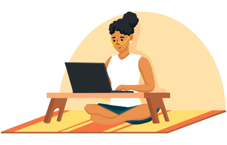 Vector illustration of a young woman working on a laptop at home.のイラスト素材