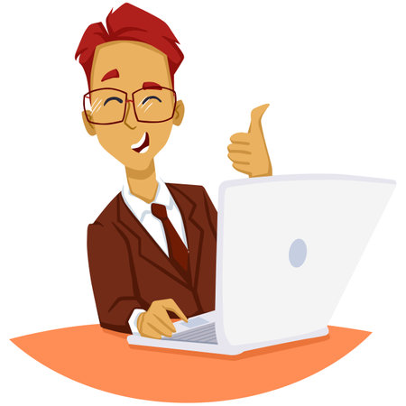 Businessman working on laptop and showing thumbs up. Vector illustration.のイラスト素材