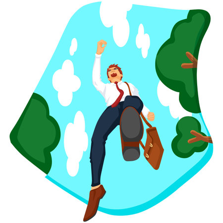Businessman with briefcase jumping in the air. Vector illustration.のイラスト素材