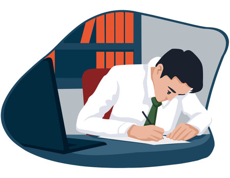 Illustration of a Businessman Working at His Desk in His Officeのイラスト素材