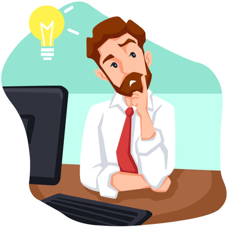 Illustration of a Bearded Businessman Sitting at His Desk Working on His Computerのイラスト素材