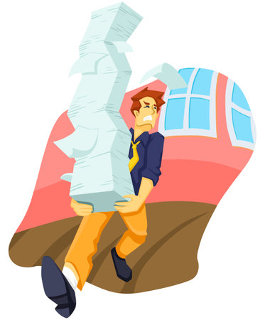 Cartoon vector illustration of a man carrying a huge stack of papersのイラスト素材