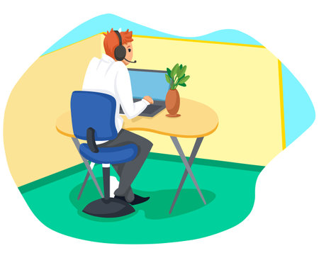 Call center operator in headset working on laptop. Flat vector illustration.のイラスト素材