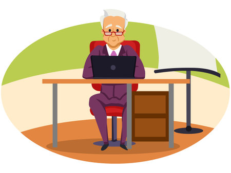 Old man sitting at the table with laptop. Vector illustration in flat styleのイラスト素材