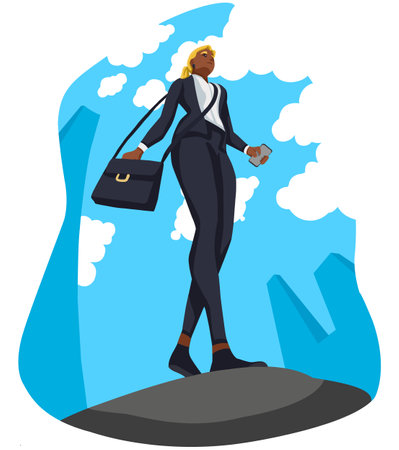 Businesswoman standing on top of a mountain with a briefcase. Vector illustration.のイラスト素材