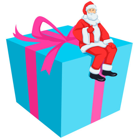 Santa Claus sitting on a gift box. Vector illustration in cartoon styleのイラスト素材