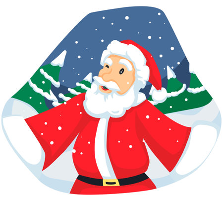 Santa Claus on the snow-covered forest. Vector illustration in cartoon styleのイラスト素材