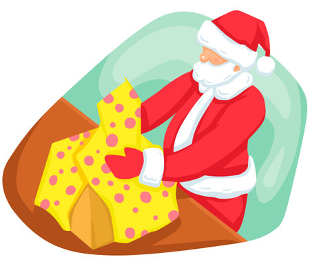 Illustration of Santa Claus packing gifts for Christmas. Vector illustration.のイラスト素材