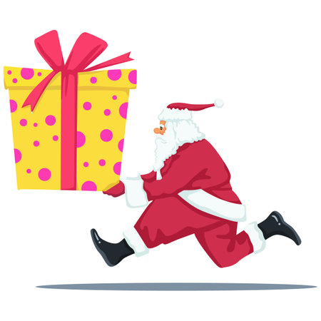 Illustration of Santa Claus running with a gift box on white backgroundのイラスト素材
