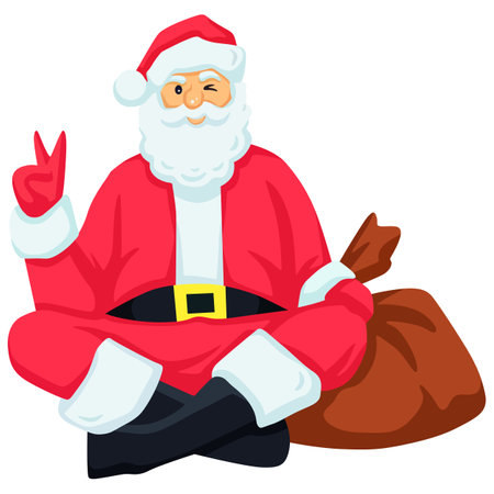 Santa Claus sitting in lotus position and showing peace sign. Vector illustration.のイラスト素材