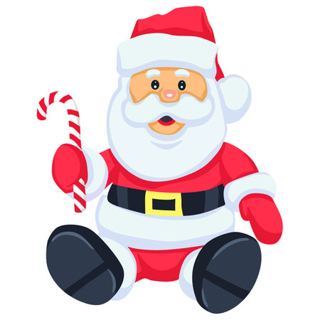 Santa Claus sitting on the floor and holding a candy cane. Vector illustration.のイラスト素材