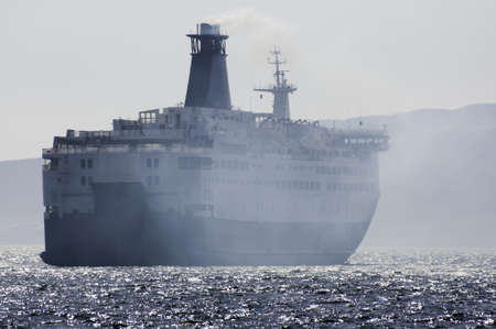 A tanker on the mediterranean seas surrounded by the fogのeditorial素材